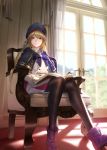  1girl artoria_pendragon_(all) artoria_pendragon_(caster) blonde_hair blue_cape blue_capelet blue_headwear blue_sky bush cape capelet chair curtains day double-breasted fate/grand_order fate_(series) gloves green_eyes highres long_hair looking_at_viewer mugetsu2501 multicolored multicolored_capelet multicolored_clothes o-ring_belt pantyhose polar_chaldea_uniform purple_footwear red_carpet sitting sky striped_belt window 