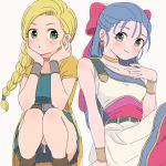  2girls bianca_(dq5) blonde_hair blue_eyes blue_hair blush bow braid breasts cape choker closed_mouth commentary dragon_quest dragon_quest_v dress earrings flora_(dq5) hair_bow hair_over_shoulder jewelry long_hair looking_at_viewer miyama_(kannsannn) multiple_girls open_mouth pink_bow simple_background single_braid smile 