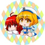  2girls ahoge argyle argyle_background blonde_hair blue_bracelet blue_footwear blush braid chibi eyebrows_visible_through_hair hat highres homara8524 kitashirakawa_chiyuri lying multiple_girls okazaki_yumemi open_mouth red_eyes red_hair round_image sailor sailor_collar sailor_hat sailor_shirt shirt shorts touhou touhou_(pc-98) twintails yellow_eyes 