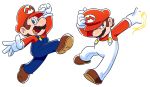  alternate_costume blue_eyes blue_overalls boots brown_hair clenched_hand drawloverlala gloves hand_on_headwear hand_up jumping looking_at_viewer mario mario_(series) nintendo overalls red_shirt shirt simple_background super_mario_bros. white_background white_gloves white_overalls 