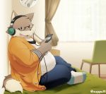  2015 anthro bottomwear canid canine canis clothing domestic_dog eyewear glasses headphones hi_res inside kemono male mammal overweight overweight_anthro overweight_male pants phone shirt sitting solo topwear zuppu11 