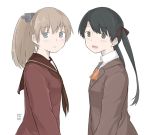  2girls artist_name ascot black_hair blazer brown_hair brown_jacket brown_neckwear brown_sailor_collar brown_serafuku cosplay costume_switch dated grey_eyes jacket kantai_collection kumano_(kantai_collection) kumano_(kantai_collection)_(cosplay) kusakasima long_hair looking_at_viewer mikuma_(kantai_collection) mikuma_(kantai_collection)_(cosplay) multiple_girls neckerchief orange_neckwear ponytail sailor_collar simple_background twintails upper_body white_background 