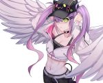  2ndeminence breasts choker cleavage cropped fang green_eyes hat hololive horns long_hair navel purple_hair shorts tail tokoyami_towa twintails white wings 