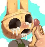  animal_crossing animate_inanimate anthro bodily_fluids clothed clothing coco_(animal_crossing) cum cum_inside cum_on_face digital_media_(artwork) duo empty_eyes erection faceless_character fecharis female female_on_human fingers genital_fluids genitals gyroid handjob hi_res human human_on_anthro interspecies lagomorph leporid lilmoonie male male/female male_on_anthro mammal nintendo penile penis rabbit sex simple_background video_games 