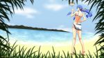  1girl alternate_costume alternate_hairstyle ass back bare_legs bare_shoulders beach bead_bracelet beads bikini blue_bikini blue_hair bracelet breasts cloud day english_commentary floating floating_object floating_rock food from_behind fruit full_body hair_ribbon hand_on_hip highres hinanawi_tenshi horizon island jewelry keystone kneepits looking_at_viewer looking_back mountainous_horizon no_hat no_headwear ocean older outdoors peach ponytail rainbow_bracelet rakkidei red_eyes red_ribbon ribbon sarong short_hair_with_long_locks sky slippers small_breasts solo standing summer swimsuit touhou twitter_username water watermark 