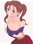  1girl bare_shoulders blush breasts brown_eyes brown_hair cleavage closed_mouth dragon_quest dragon_quest_viii dress earrings jessica_albert jewelry large_breasts long_hair looking_at_viewer miyama_(kannsannn) purple_shirt shirt simple_background solo strapless twintails 