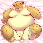  2019 absurd_res amphibian anthro anus belly blush bodily_fluids butt chiro_(artist) frog hi_res kemono lying messiah_rundall overweight overweight_anthro slit solo sweat 