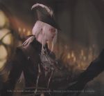  1girl absurdres blood blood_stain bloodborne blurry blurry_background cape elysion0618 gem gloves grabbing hat hat_feather highres lady_maria_of_the_astral_clocktower looking_at_another tricorne white_hair yellow_eyes 