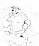  2019 anthro bottomless canid canine canis clothed clothing covering digital_media_(artwork) domestic_dog facial_hair fur genitals koorivlf male mammal mustache simple_background sketch smile smoke solo 
