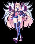  1girl bangs black_background blonde_hair blue_gloves boots breasts elbow_gloves fingerless_gloves full_body gloves green_eyes hairband high_heel_boots high_heels highres long_hair looking_at_viewer mecha_musume medium_breasts official_art reason_(ficafe) resized soccer_spirits solo stomach tail upscaled vayne_(soccer_spirits) wings 