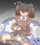  1girl blush brown_eyes brown_hair desk hat heart heavy_breathing highres japanese_clothes kantai_collection lifted_by_self long_hair long_sleeves magatama namakura_neo open_mouth panties paper pleated_skirt ryuujou_(kantai_collection) skirt skirt_lift solo spread_legs twintails underwear visor_cap white_panties 