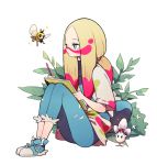  1girl aqua_eyes blonde_hair blush closed_mouth commentary eyelashes facepaint full_body gen_7_pokemon hair_tie highres holding leaf long_hair mina_(pokemon) morelull multicolored_hair pants pink_hair pokemon pokemon_(creature) pokemon_(game) pokemon_sm ribombee shoes sitting sketchbook tied_hair two-tone_hair yamtteng 