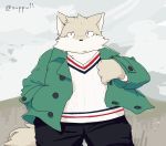 2015 anthro black_nose bottomwear canid canine canis clothed clothing domestic_dog kemono male mammal open_clothing open_shirt open_topwear pants shirt slightly_chubby solo topwear zuppu11 