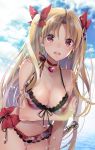  1girl ahoge akatsuki_hijiri arm_under_breasts bangs bare_shoulders bikini blonde_hair bow breasts choker cleavage cloud cloudy_sky commentary_request cowboy_shot earrings ereshkigal_(fate/grand_order) eyebrows_visible_through_hair fate/grand_order fate_(series) front-tie_top hair_ribbon halterneck highres jewelry large_breasts long_hair looking_at_viewer navel open_mouth parted_bangs red_bow red_eyes ribbon shiny shiny_hair side-tie_bikini sky solo swimsuit two_side_up very_long_hair water_drop 