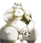  2017 anthro balls belly bodily_fluids canid canine chiro_(artist) genitals hi_res kemono male mammal mask moobs nipples overweight overweight_anthro overweight_male raccoon_dog simple_background solo sweat tanuki tongue tongue_out white_background 