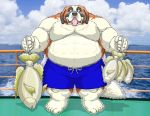  2020 anthro barazoku belly bottomwear bulge canid canine canis clothing domestic_dog eyes_closed fk_(artist) kemono male mammal overweight overweight_anthro overweight_male shorts solo tongue tongue_out 