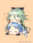  2girls :3 bangs blue_hair chibi closed_eyes commentary_request eyebrows_visible_through_hair flying_sweatdrops girl_on_top gloves gradient_hair green_hair hair_ornament hair_ribbon hairclip kantai_collection long_hair lying mae_(maesanpicture) multicolored_hair multiple_girls numbered on_stomach orange_background ribbon samidare_(kantai_collection) simple_background skirt sleeping swept_bangs thighhighs twitter_username yamakaze_(kantai_collection) 