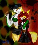  anthro breasts chesnaught claws clenched_teeth clothed clothing delphox detailed_background duo female fluffy fluffy_tail fur green_eyes hat headgear headwear hi_res holding_object knightmoonlight98 nintendo open_mouth open_smile pok&eacute;mon pok&eacute;mon_(species) red_body red_eyes red_fur smile spikes teeth video_games white_body white_fur yellow_body yellow_fur 
