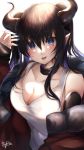  1girl :p bangs black_hair blue_eyes blue_nails blush breasts choker cleavage demon_girl demon_horns hair_between_eyes highres horns jacket kyoro_ina long_hair medium_breasts multicolored_hair nail_polish off-shoulder_jacket original pointy_ears purple_hair red_jacket signature star_(symbol) tank_top tongue tongue_out two-tone_hair two_side_up white_tank_top 