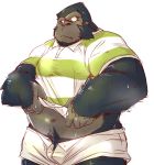  2016 anthro ape belly bodily_fluids bottomwear chiro_(artist) clothing gorilla haplorhine kemono male mammal navel overweight overweight_anthro overweight_male primate shirt shorts simple_background solo sweat topwear white_background 