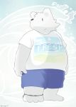  2014 anthro black_nose bottomwear clothing fur kemono mammal shirt shorts slightly_chubby solo text topwear ursid white_body white_fur zuppu11 