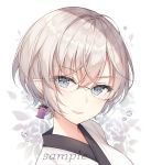  1girl ayuanlv bangs blue_eyes blush closed_mouth earrings eyebrows_visible_through_hair final_fantasy final_fantasy_xiv glasses grey_hair hair_between_eyes japanese_clothes jewelry kimono looking_at_viewer pointy_ears sample short_hair smile solo upper_body v-shaped_eyebrows water_drop white_background white_kimono 