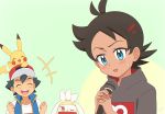  2boys antenna_hair ash_ketchum bangs baseball_cap black_hair blush brown_hair clenched_hands commentary_request eyelashes gen_1_pokemon gen_8_pokemon goh_(pokemon) hair_ornament hairclip hands_up hat holding holding_microphone kouzuki_(reshika213) microphone multiple_boys on_head open_mouth pikachu pokemon pokemon_(anime) pokemon_(creature) pokemon_on_head pokemon_swsh_(anime) raboot shirt tongue white_shirt 