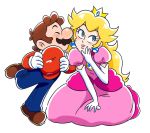  1boy 1girl blonde_hair blue_eyes boots brown_hair cheek_kiss closed_eyes crown drawloverlala dress earrings elbow_gloves full_body gem gloves hand_on_own_chin hand_on_own_knee hat hat_removed headwear_removed jewelry kiss kneeling looking_to_the_side mario mario_(series) nintendo overalls pink_dress princess_peach red_shirt shirt shoulder_pads simple_background super_mario_bros. white_background white_gloves 