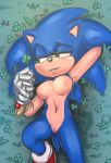  2020 anthro armor blue_body blue_fur blush breasts clothed clothing clover crossgender eulipotyphlan female footwear four_leaf_clover fur gauntlets genitals gloves green_eyes half-closed_eyes hand_behind_head handwear hedgehog hi_res holding_object krazyelf looking_at_object lying mammal medium_breasts mostly_nude narrowed_eyes nipples on_back on_grass on_ground open_mouth pink_nipples pussy raised_arm raised_leg red_clothing red_footwear smile solo sonic_the_hedgehog sonic_the_hedgehog_(series) spread_legs spreading tan_inner_ear white_clothing white_footwear 