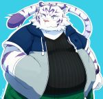  2013 anthro belly blue_background clothing felid fur hoodie kemono male mammal overweight overweight_anthro overweight_male pantherine simple_background solo tiger topwear white_body white_fur zuppu11 