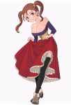  1girl blush breasts brown_eyes brown_hair cleavage closed_mouth corset dragon_quest dragon_quest_viii dress earrings highres jessica_albert jewelry large_breasts looking_at_viewer miyama_(kannsannn) purple_shirt shirt simple_background smile solo strapless twintails 