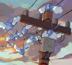  bird black_eyes cindy_(pigeoncindy_) closed_eyes closed_mouth cloud commentary day flying gen_3_pokemon hanging highres looking_at_viewer no_humans open_mouth outdoors pokemon pokemon_(creature) power_lines sky swablu wavy_mouth 