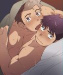  2boys bara bed blanket blush brown_eyes brown_hair chest couple implied_sex implied_yaoi male_focus multiple_boys muscle naked_sheet original pectoral_docking pectorals pillow purple_eyes shared_blanket sheet_grab short_hair st05254 sweat tongue tongue_out under_covers upper_body 