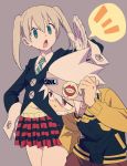  1boy 1girl bangs black_jacket blonde_hair chop clenched_teeth enotou_(enotou_moi) glover gloves grey_background headband hunched_over jacket long_hair long_sleeves maka_albarn necktie open_mouth plaid plaid_skirt red_hair simple_background skirt soul_eater soul_eater_(character) striped striped_neckwear teeth track_jacket twintails white_gloves white_hair 