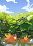  beak bird cindy_(pigeoncindy_) closed_mouth day fish fletchling gen_1_pokemon gen_6_pokemon highres lily_pad looking_down looking_up magikarp no_humans outdoors pokemon pokemon_(creature) sky symbol_commentary water wet 