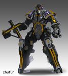  absurdres artist_name clenched_hand gradient gradient_background gun highres holding holding_gun holding_weapon kamen_rider kamen_rider_555 kamen_rider_kaixa looking_at_viewer mecha mechanization no_humans solo standing weapon zhu_fun 