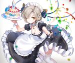  1girl apron azur_lane bangs black_dress black_ribbon blurry blurry_foreground braid breasts brown_eyes cake cannon cleavage closed_mouth collar commentary_request confetti cross depth_of_field dress eyebrows_visible_through_hair food frilled_apron frilled_dress frills garter_straps grey_hair hair_over_one_eye hair_ribbon highres holding holding_plate kiyosato_0928 looking_at_viewer maid maid_headdress medium_breasts metal_collar plate puffy_short_sleeves puffy_sleeves ribbon sheffield_(azur_lane) short_sleeves smile solo streamers thighhighs turret waist_apron white_apron white_legwear wrist_cuffs 