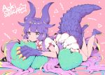  1girl akaishi_kuroe alternate_eye_color alternate_hair_color artist_name barefoot horns looking_at_viewer lying monster_girl naki_ringo on_stomach otome_kaijuu_carameliser purple_eyes purple_hair sleepwear solo tail 