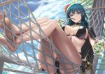  1girl ass bare_legs bikini black_bikini black_choker blue_eyes blue_hair blue_sky breasts breasts_apart byleth_(fire_emblem) byleth_(fire_emblem)_(female) cape choker cloud cuboon cup day drinking drinking_glass feet fire_emblem fire_emblem:_three_houses fire_emblem_heroes foreshortening fringe_trim hammock holding holding_cup large_breasts long_hair looking_at_viewer outdoors reclining sky solo swimsuit thighs wet 