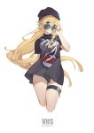  1girl bangs black_headwear blonde_hair blunt_bangs braid breasts dsre girls_frontline hat highres long_hair long_sleeves side_braid solo sunglasses thigh_strap triangle_print vhs_(girls_frontline) 