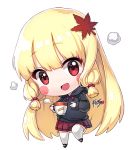  1girl :d autumn_leaves bangs black_footwear black_hoodie blonde_hair blush_stickers chibi commentary_request commission cup drawstring eyebrows_visible_through_hair full_body hair_ornament holding holding_cup hood hood_down hoodie kyjsogom leaf leaf_hair_ornament long_hair long_sleeves maple_leaf open_mouth original pleated_skirt red_eyes red_skirt sidelocks simple_background skirt smile solo standing standing_on_one_leg steam thighhighs very_long_hair white_background white_legwear 