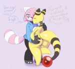  3_toes ampharos bewear bit-small bit_(bit-small) blush bodily_fluids bottomwear breast_squish breasts butt butt_grab clothing colored dialogue duo ears_down eyelashes eyes_closed featureless_feet featureless_hands female fingers fur glistening glistening_body glistening_eyes hand_on_butt hoodie hug legs_together male mammal multicolored_body nintendo nude pants pink_background pink_body pivoted_ears pok&eacute;mon pok&eacute;mon_(species) rear_view short_stack shoulder_blades shoulder_grab simple_background singing squish striped_ears striped_neck striped_tail stripes sweat toes topwear ursid video_games white_body yellow_body 