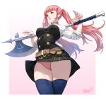  1girl artist_name axe bangs battle_axe belt breasts commentary fingernails fire_emblem fire_emblem:_three_houses garreg_mach_monastery_uniform gradient gradient_background highres hilda_valentine_goneril holding lips long_hair looking_away medium_breasts ozkh6 panties parted_lips pink_eyes pink_hair pink_panties signature simple_background skirt sleeves_rolled_up smile solo thighhighs thighs tied_hair twintails underwear uniform weapon 