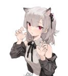  1girl aiko_(kanl) animal_ears bare_shoulders black_jacket bow bowtie breasts cat_ears claw_pose closed_mouth collared_shirt cropped_torso grey_hair hair_ornament hands_up highres jacket kemonomimi_mode long_hair looking_at_viewer off_shoulder one_side_up open_clothes open_jacket original red_eyes shirt simple_background sleeveless sleeveless_shirt small_breasts solo sweatdrop tana_(aiko) white_background white_shirt 