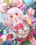  1girl animal animal_ears balloon blush confetti crop_top dated fake_animal_ears frills garters granblue_fantasy grass hair_ornament hairclip heart holding holding_balloon japanese_clothes kimono leg_garter long_sleeves mouse mouse_ears navel nigo open_mouth red_eyes red_neckwear signature skirt sparkle vikala_(granblue_fantasy) white_hair wide_sleeves 