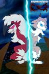  anthro blue_eyes brown_body brown_fur canid canine claws clenched_teeth detailed_background duo fangs fur hi_res knightmoonlight98 lycanroc male mammal midday_lycanroc midnight_lycanroc multicolored_body multicolored_fur nintendo open_mouth open_smile pink_eyes pok&eacute;mon pok&eacute;mon_(species) raining red_body red_fur smile spikes teeth two_tone_body two_tone_fur video_games white_body white_fur 