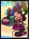  4_toes anthro beach claws clothing duo female flip_flops footwear hi_res male male/female micro pawpads sandals seaside stomping toe_claws toes trampling trapped_in_shoe underfoot yumiakiyama 