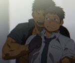  2boys abs bara chest clenched_teeth formal gloves grey_hair knife_to_throat male_focus multiple_boys muscle necktie open_clothes original pectorals scar shirt short_hair st05254 teeth threat upper_body white_shirt 