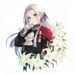  artist_name blush cape closed_mouth da-cart edelgard_von_hresvelg fire_emblem fire_emblem:_three_houses flower forehead gloves hair_ribbon hand_on_own_face hand_up highres lily_(flower) long_hair long_sleeves looking_at_viewer purple_eyes purple_ribbon red_cape ribbon silver_hair simple_background smile uniform upper_body white_background white_flower white_gloves 