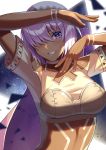  1girl altera_(fate) altera_(fate)_(cosplay) bangs beppu_mitsunaka blush body_markings breasts cosplay crop_top dark_skin fate/extella fate/extra fate/grand_order fate_(series) grin hair_over_one_eye highres large_breasts light_purple_hair looking_at_viewer mash_kyrielight purple_eyes shirt short_hair short_sleeves smile tan veil white_shirt 